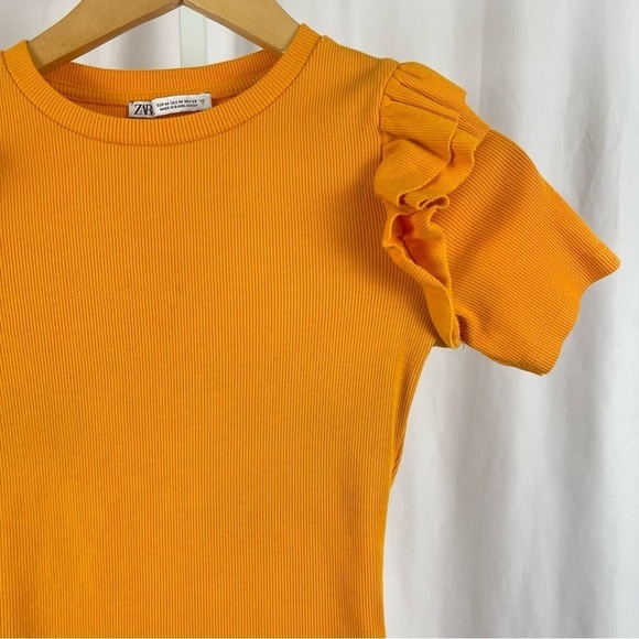 Zara Medium Ribbed Ruffle Shoulder Bodysuit Mustard Yellow Orange Retro - Picture 11 of 12